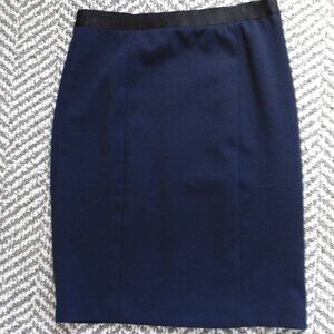 NAVY WOOL SIDE ZIP PENCIL SKIRT W/BLACK RIBBON WAIST TRIM SIZE SMALL